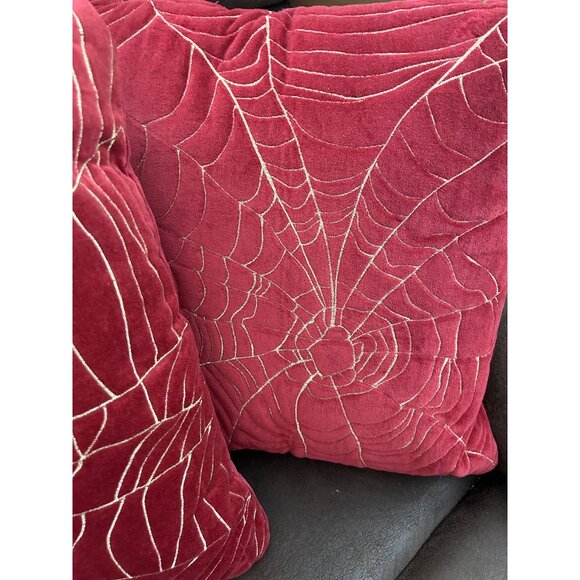 Spiderweb Embroidered Red Velvet Throw Pillow 18" X 18" Square Accent Cushion x2 - Picture 2 of 8